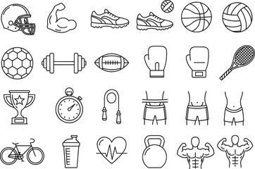 Fitness and Gym Line Art Vector Icon Set Featuring Exercise, Weightlifting, Bodybuilding, Athletics, Sports Equipment, and Healthy Lifestyle Graphics Collection