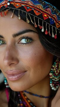 A close-up focuses on the radiant face of a woman. The female, a Romani traveler, has a warm smile. She is adorned in colorful, traditional gypsy clothing and jewelry