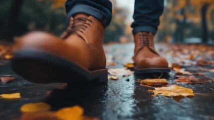 Close-up of brown leather boots walking on a wet street covered in fallen autumn leaves - Powered by Adobe