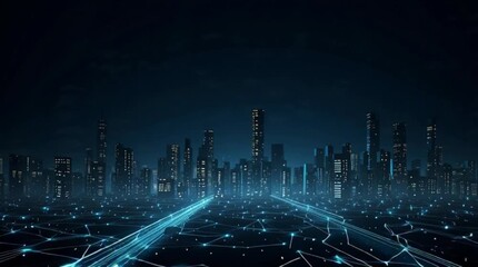 Futuristic cityscape with glowing blue network connections at night - Powered by Adobe