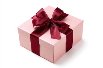 Obraz premium Gift box. One pink colored present box tied maroon velvet ribbon and bow. Joy, anticipation of receiving presents. Single 3D Giftbox neat isolated white backdrop. Distinctive festive Christmas gifts.