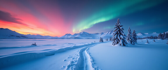 Winter wonderland with northern lights illuminating mountains and snow-covered trees, ski tracks leading through pristine landscape