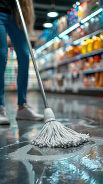 A mop and broom handle being used to clean up a spill on the floor in an indoor setting, likely a grocery store or supermarket.