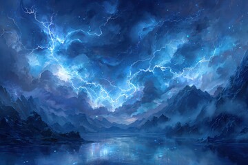 Blue fantasy lightning over jagged mountains and a reflective lake in a digital painting