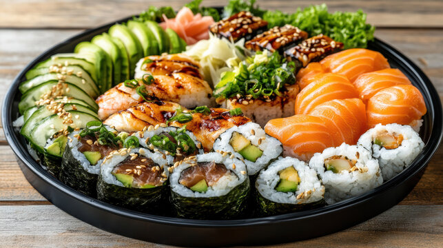 Fresh salmon nigiri and assorted sushi rolls with avocado and garnishes - Powered by Adobe