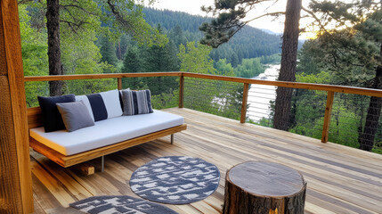 Cozy wooden deck overlooking river valley with modern lounge and cushions at sunset