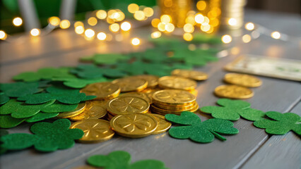 St patricks decor visual. Green shamrocks and gold coins on wooden table create festive St. Patrick Day atmosphere