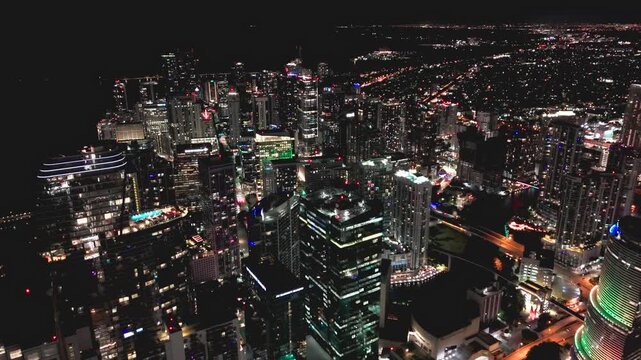 Drone shot of skyscrapers at night in Brickell, Miami