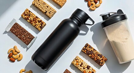 Black Water Bottle and Protein Snacks Flat Lay Mockup