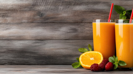 Orange juice glass with fresh orange half raspberry and mint garnish on wooden table