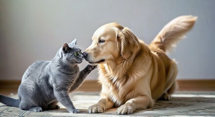 Friendly British Cat and Golden Retriever Resting Together