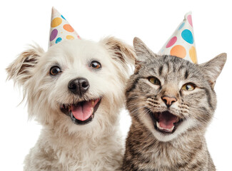 Happy dog and cat wearing colorful polka dot party hats together isolated on transparent background