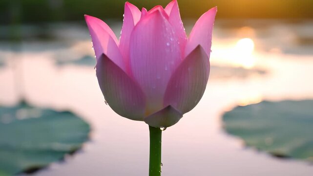 Pink lotus flower blooms opening in pond at sunrise. Water lily petals unfold with dewdrops. Sacred lotus opens on lake with lily pads. Pink lotus blooms with golden sunrise light on pond water.