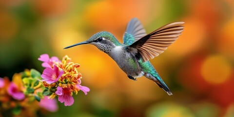Obraz premium Hummingbird flying and approaching a pink and orange flower