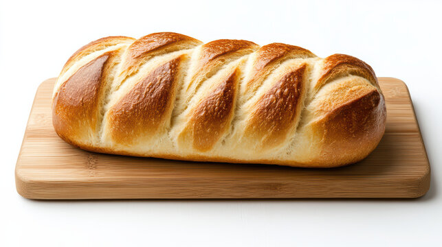 Golden crust loaf bread on wooden cutting board, fresh artisan bakery loaf with warm glow