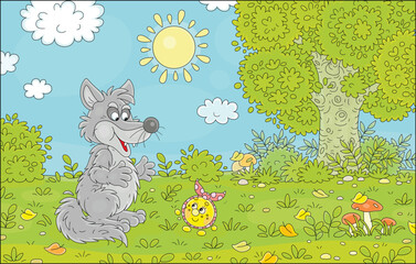 Big grey hungry wolf and cheerful freshly baked round loaf Kolobok talking on a path in a thicket of a green fairytale forest, vector cartoon illustration