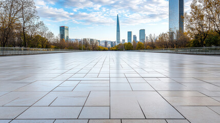 Fototapeta premium Open plaza tile foreground with distant modern skyline and autumn trees