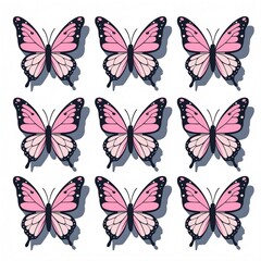 Fototapeta premium A vibrant pattern of delicate butterflies, each showcasing a gradient pink hue and intricate wing patterns, poised against a minimalist background.
