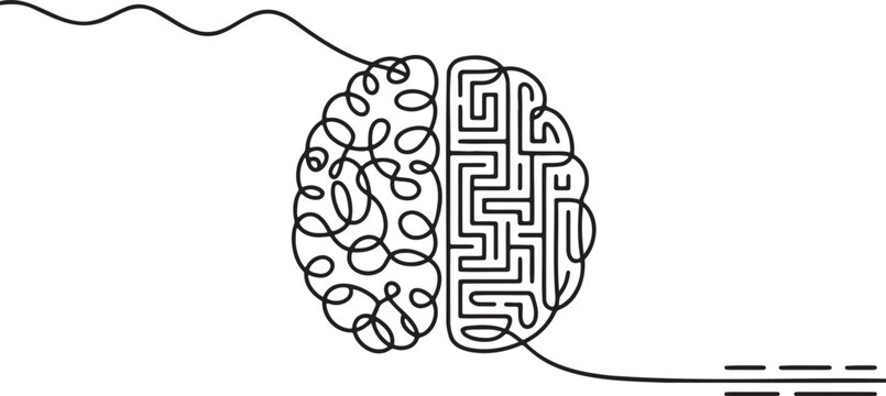 Continuous line art of human brain with one side as creative loops and other as logical maze solution