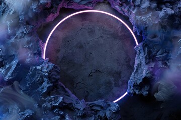 A glowing sapphire frame appears among dark rocks in an imaginative scene. Smoke surrounds the frame, enhancing the mystical atmosphere and deep colors of the setting