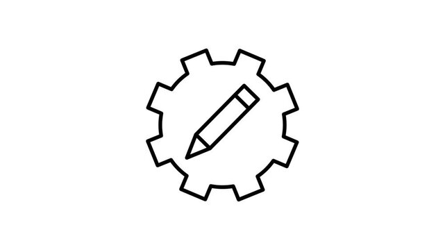 A black and white image of a pen resting inside a gear wheel, symbolizing creativity and mechanics.