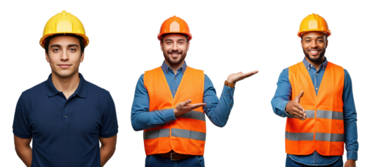 Professional young multi-ethnic male construction workers and engineers in safety gear, posing and gesturing with friendly expressions on a black studio background.