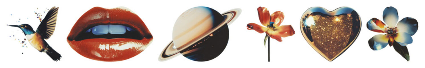 Obraz premium PNG Vibrant cosmic floral collage, element set on transparent background