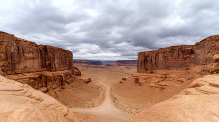 Ominous clouds shadowing cliffs open middle zone desert valley red rock canyon dirt road