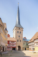 The twisted west tower with city gate of Duderstadt, city contains many historical buildings in the half-timber style