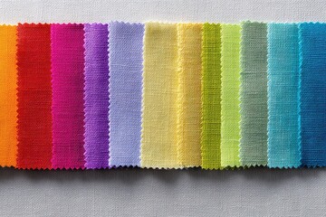 Fabric samples. Colorful bright fabric sampling of furniture, clothing upholstery. Palette guide different colors. Collection. Multicolor texture background. Catalog of multicolored cloth. Color guide