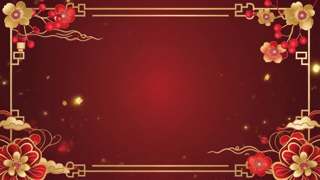 Chinese New Year Red Golden Floral Frame Background Loop