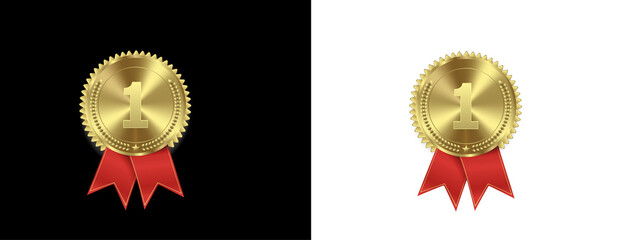 Gold medals with red white blue ribbons, award victory symbol on transparent background.
