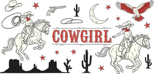 Hand drawn vintage western style illustration set with cowgirls on horses, cowboy hats, revolvers, eagles, lasso, spurs, cacti, and desert landscape elements
