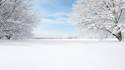 Obraz premium Snowy open field framed by snow covered trees under pale blue sky, calm winter scene