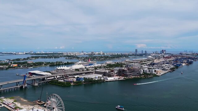 Rising drone shot of Dodge Island in Miami