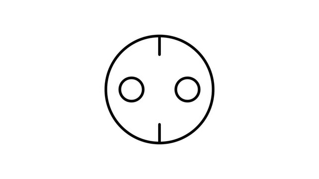 Black and white illustration of a circular electrical plug with two prongs and a textured surface.