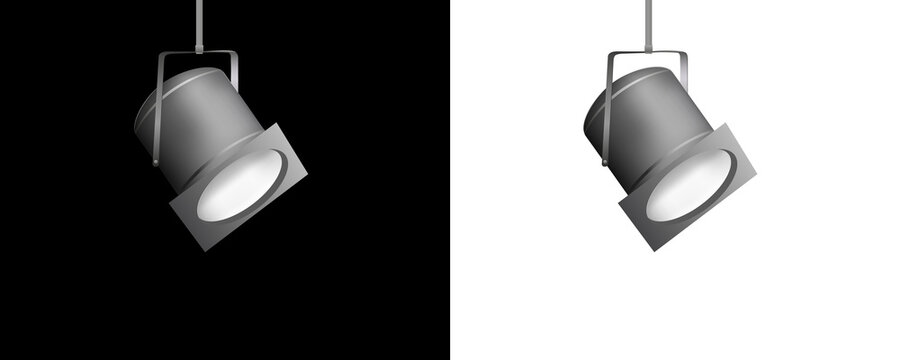 Realistic stage spotlights hanging and shining on black background creating dramatic theatrical lighting effect.