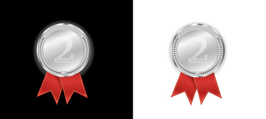 Silver second-place medal with red ribbons, award badge for ranking or competition on transparent background.