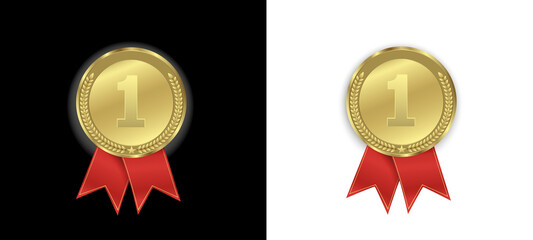 Gold medals with red white blue ribbons, award victory symbol on transparent background.