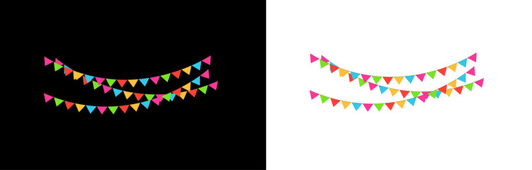 Colorful party bunting flags garland on black and transparent backgrounds.