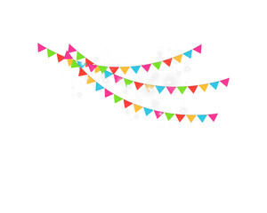 Colorful party bunting with white glowing particles and festive abstract decoration on transparent background.