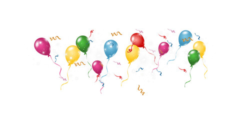 Colorful party balloons with curling ribbons and white sparkling confetti on transparent background.