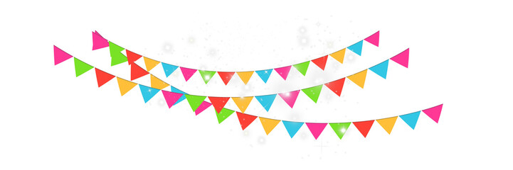 Colorful party bunting with white glowing particles and festive abstract decoration on transparent background.
