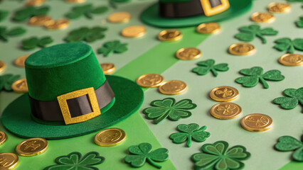 St patricks graphic design. Green leprechaun hats and shamrocks with gold coins create festive St. Patrick Day scene