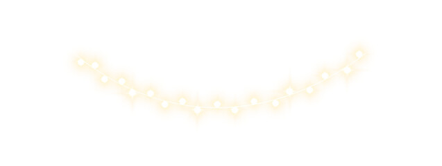Glowing string lights with sparkling warm bulbs and festive decorative garlands on transparent background.