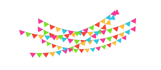 Colorful party bunting with white glowing particles and festive abstract decoration on transparent background.