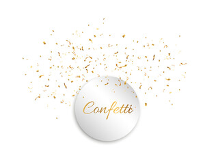 Golden confetti explosion with white round label, festive celebration decoration on transparent background.