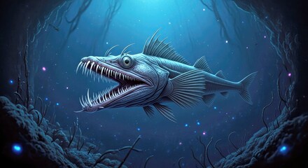 Fangtooth Fish With Menacing Teeth in Dark Deep Ocean Waters