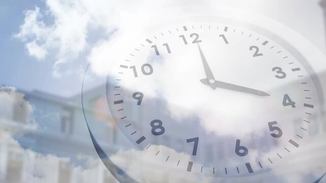Starting centered clock, clear hands rotating clockwise while clouds shifting, showing time passing
