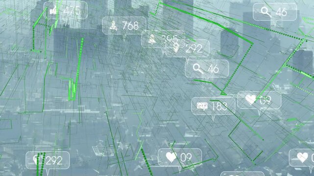 Aerial haze revealing skyline, badges appearing and green lines tracing, visualizing city data